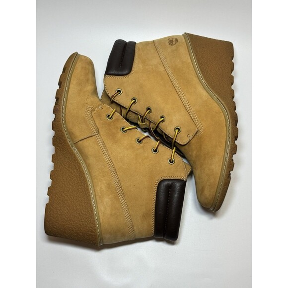 Timberland Women's Amston Wedge High Heel Wheat Suede Leather Boots SIZE 9 - Picture 7 of 16